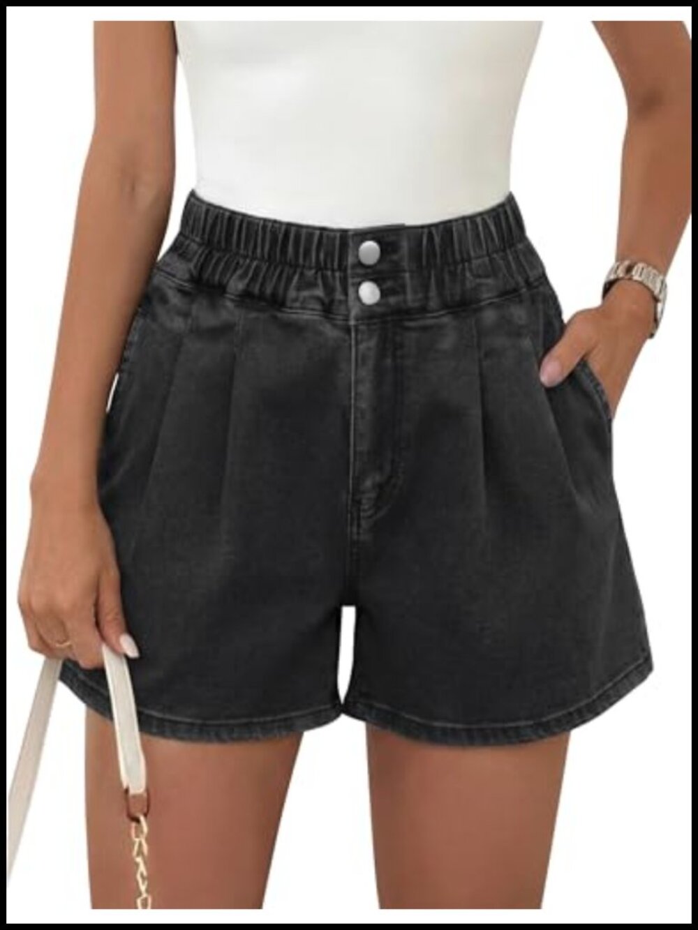 Women's High Waisted Denim Shorts Elastic Waist Pleated Jean Shorts